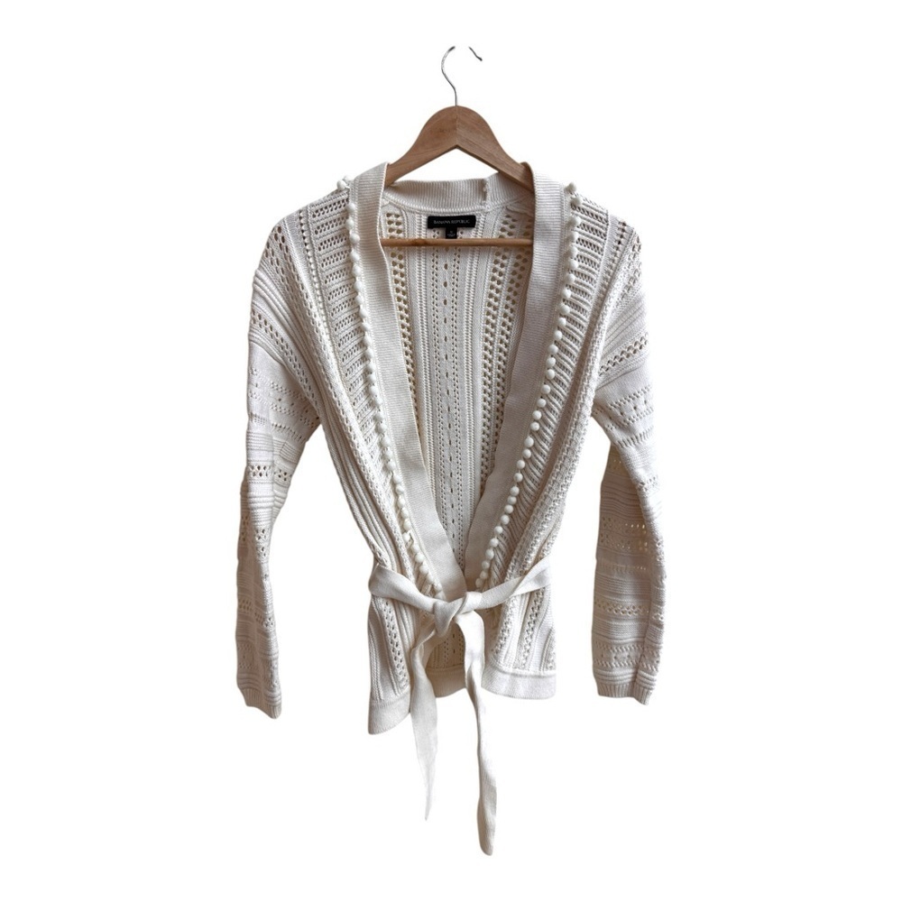 Banana Republic White Open Knit Pom Pom Fringe Womens Size S Belted Cardigan